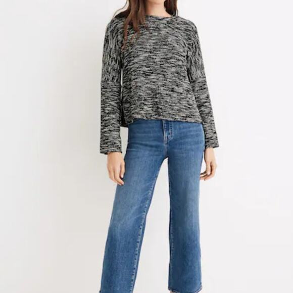 Madewell Button Shoulder Wide Sleeve Sweater Top Marled Black Crewneck Cotton XS - Picture 1 of 10